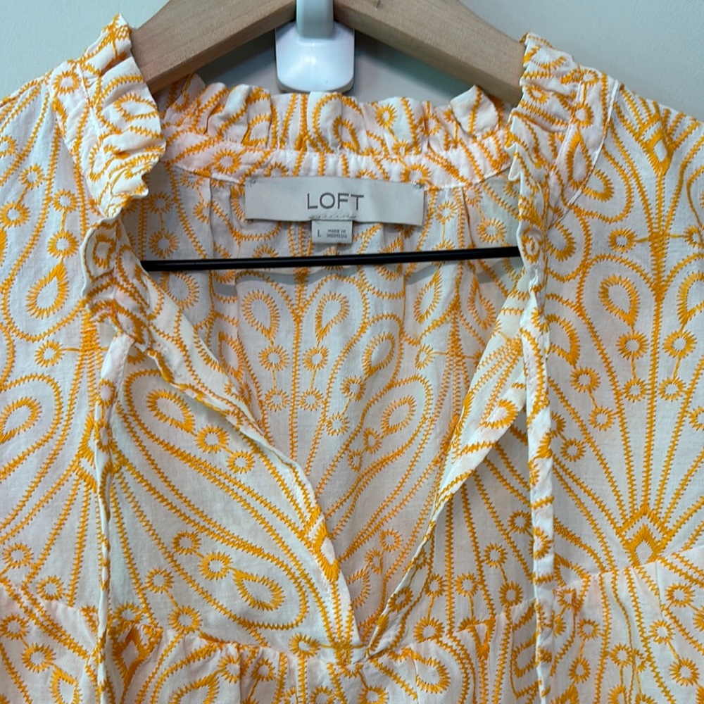 LOFT Yellow & White Printed Ruffle Sleeve Blouse - Picture 5 of 6
